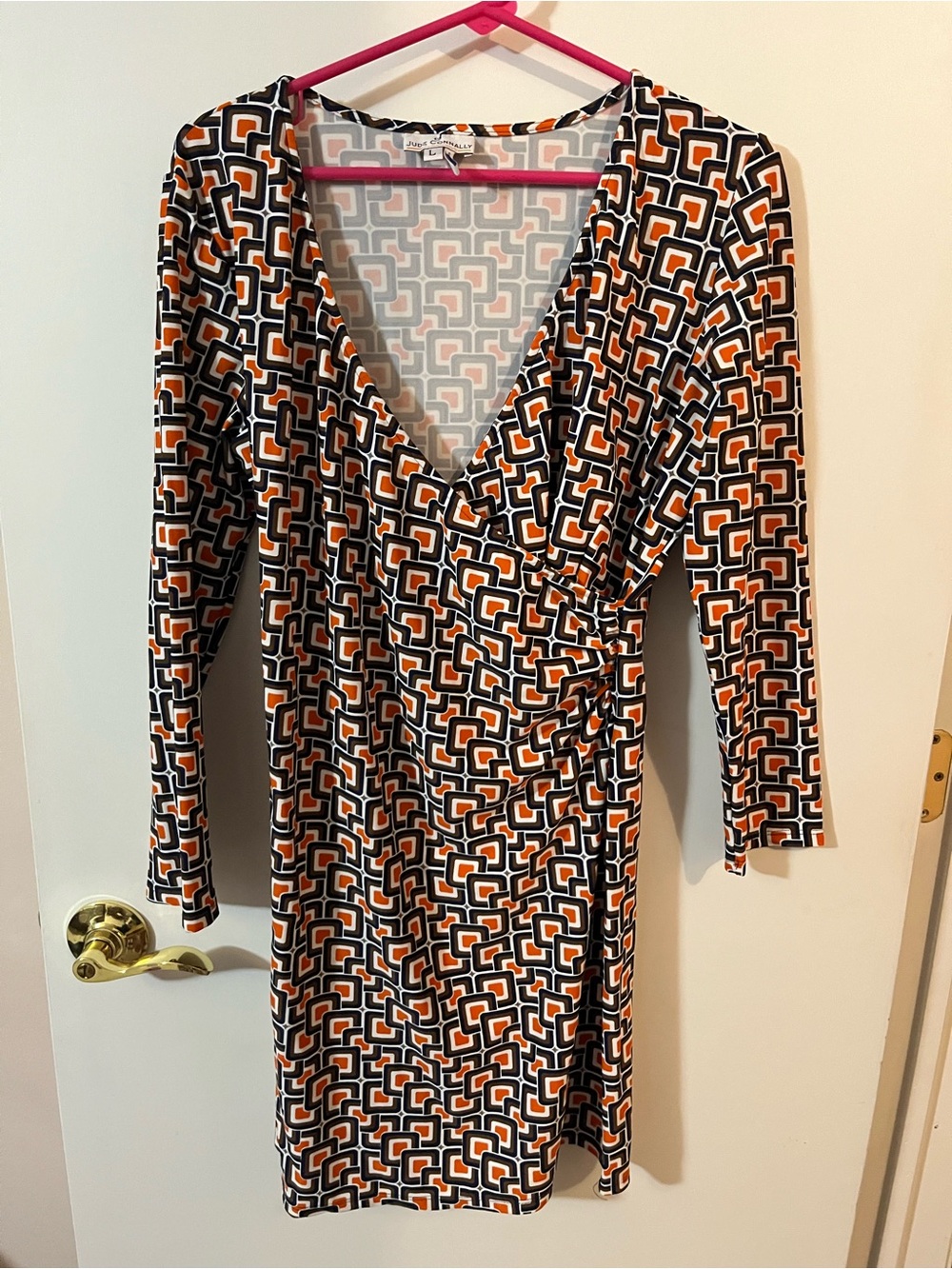 Jude Connelly, Diane mod Square dress large navy orange brown print wrap Jersey